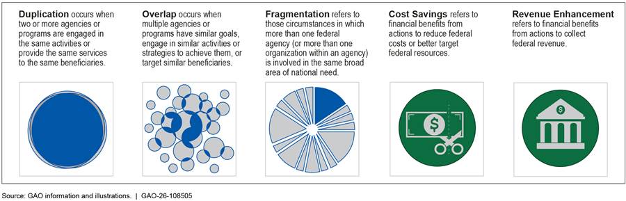 Definitions of the five concepts used to classify the report's findings; text equivalents follow.